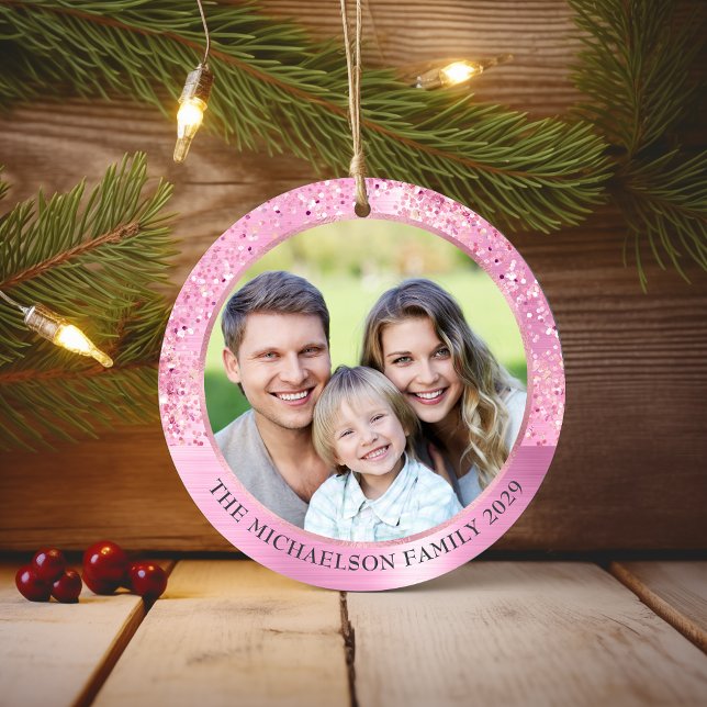 Elegant Rosa Glitter Photo Metallic Jul Julgransprydnad Keramik (Elegant Pink Glitter Photo Metallic Christmas Ceramic Ornament)