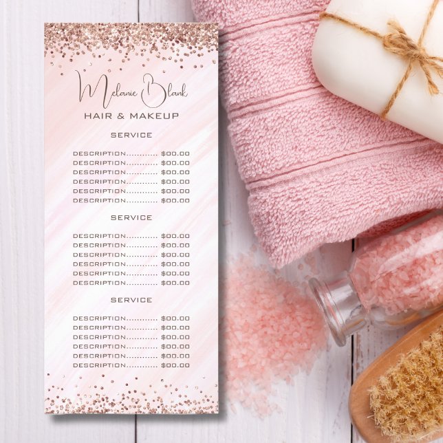 Elegant Rosa Glitter Skönhetssalong Prislista Reklamkort (Skapare uppladdad)