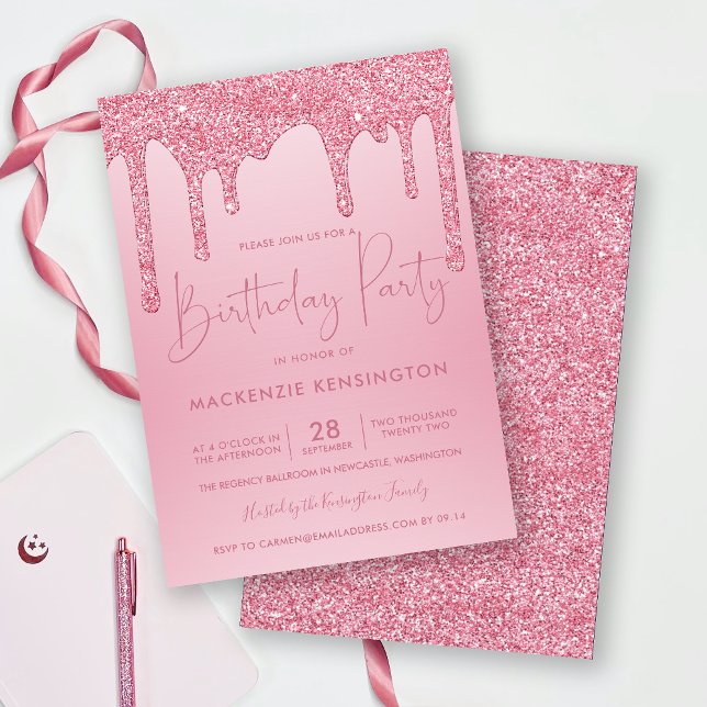 Elegant  Rosa Gnistra  Glitter Drives Birthday Inbjudningar (Skapare uppladdad)