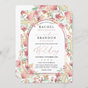 Elegant Rosa Golden Gult Blommigt Arch Bröllop Inbjudningar