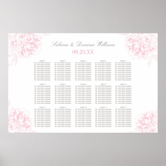 Elegant rosa grå blomstergömma bröllops sittplatse poster (Framsidan)