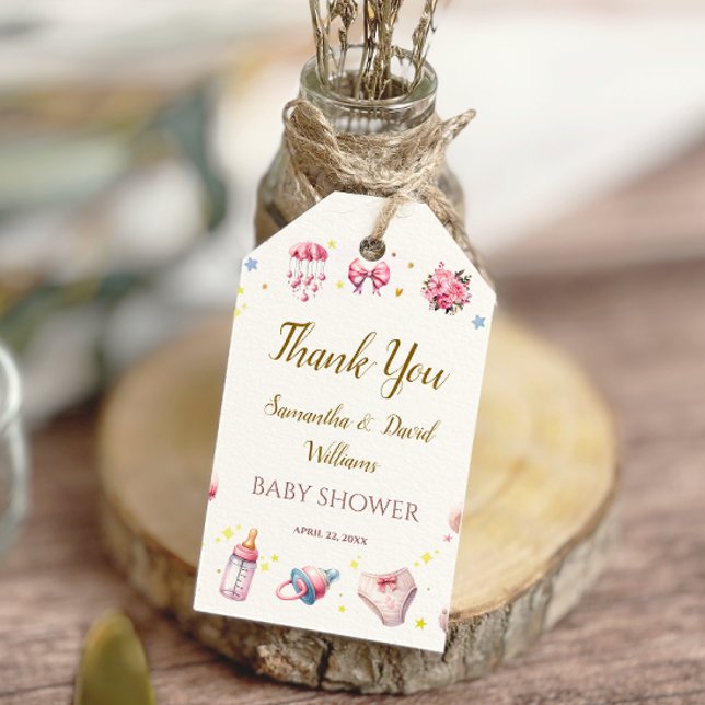 Elegant Rosa Gracnice Baby Shower Blommigt Presentetikett (Skapare uppladdad)
