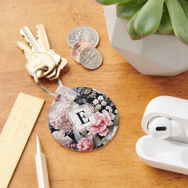 Elegant Rosa Grått Blommigt Monogram Nyckelring (Skrivbord)