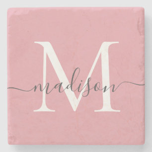 Elegant Rosa Grått Monogram Feminin skrift Stenunderlägg