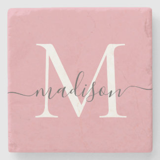 Elegant  Rosa Grått Monogram Feminin skrift Stenunderlägg