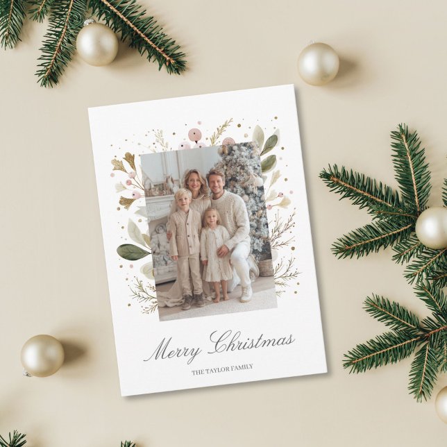 Elegant Rosa Greenery-julfamiljfoto Julkort (pale green and blush pink christmass greenery photo card)