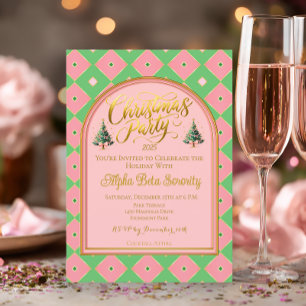 Elegant Rosa & Grön Harlequin Julfest Inbjudningar