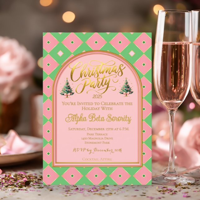 Elegant Rosa & Grön Harlequin Julfest  Inbjudningar (Festive Pink and Green Harlequin Holiday Party Invitation )
