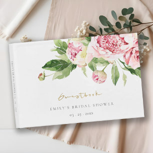Elegant Rosa Grön Pion Blommig Bröllopsdusch Gästböcker
