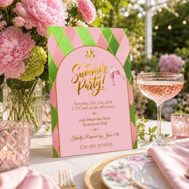 Elegant rosa grön sommarfestinbjudan inbjudningar (Chic 'Summer Party' Argyle Invitation )