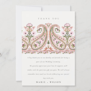 Elegant Rosa Grönt Blommigt Paisley Motif Bröllop Tack Kort