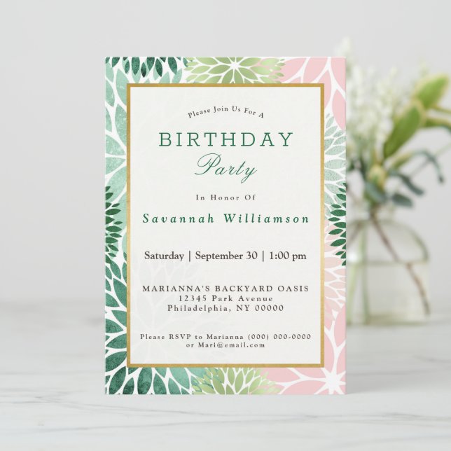 Elegant Rosa Grönt Dahlia Blommigt Födelsedagsfest Inbjudningar (Stående Fram)