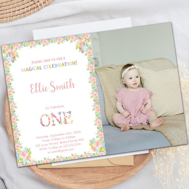 Elegant Rosa & Grönt Garden Party för flickor Inbjudningar (Floral Birthday Invitations with photo)