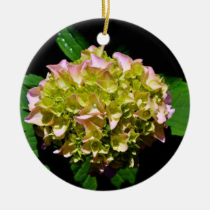 Elegant rosa grönt grönt  blommigt hydrangea julgransprydnad keramik