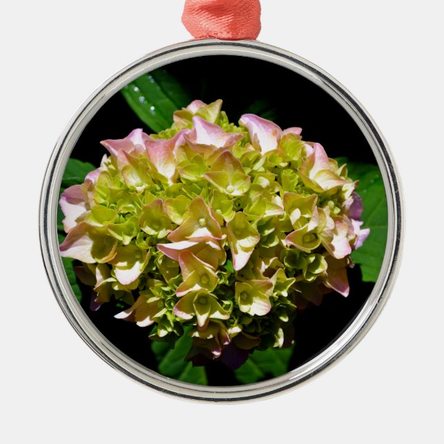 Elegant rosa grönt grönt  blommigt hydrangea julgransprydnad metall (Framsidan)