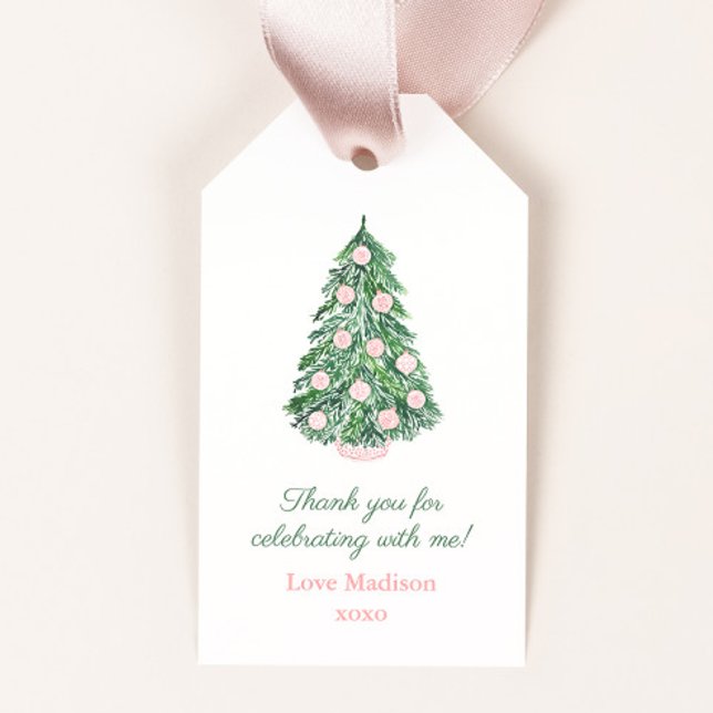 Elegant Rosa Grönt Möhippa för  till jul - fördel Presentetikett (Watercolor Christmas tree with pink and white chinoiserie chic ornaments bridal shower favor tags)