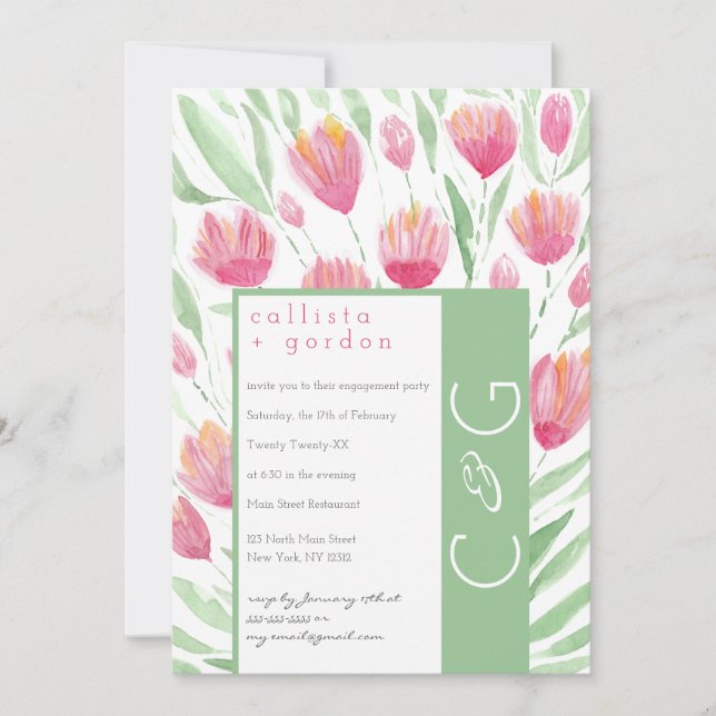 Elegant Rosa Grönt Tulip Blommigt Vattenfärg Bröll Inbjudningar (Framsida)
