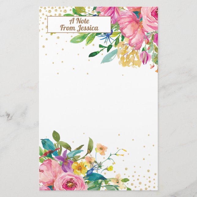 Elegant Rosa Gul Blommig Guldglitter Brevpapper (Framsida)