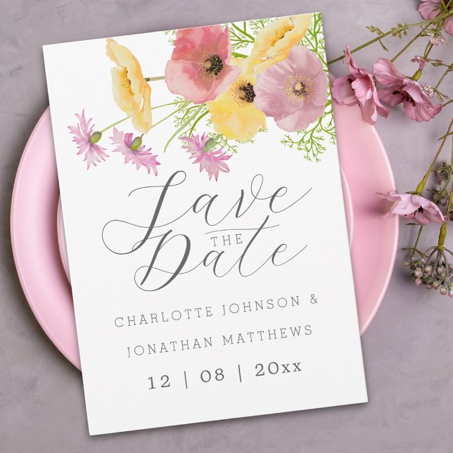 Elegant Rosa & Gul Vildblomma Bröllop Spara Datumet (Elegant script watercolor wildflower yellow & pink floral wedding save the date invitation)