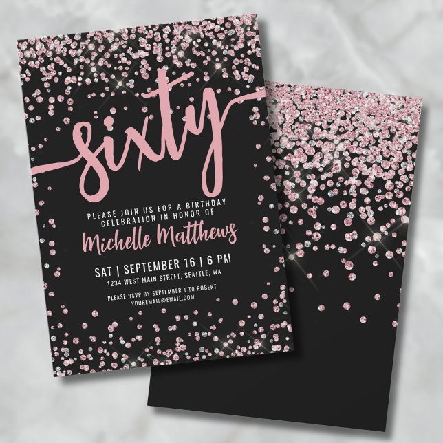 Elegant Rosa Guld 60-årsdag Inbjudningar (Rose Gold Glitter 60th Birthday Invitation)