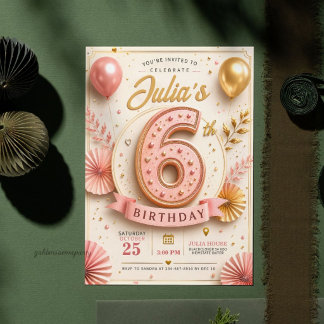 Elegant Rosa Guld 6-års Födelsedagsfest Inbjudningar