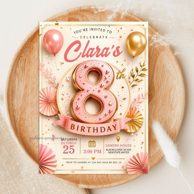 Elegant Rosa Guld 8-års Födelsedagsfest Inbjudningar (Elegant Pink Gold 8th Birthday Party Invitation
)