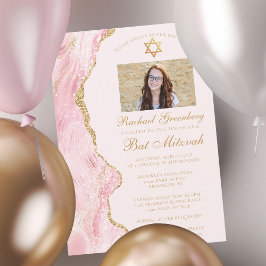 Elegant Rosa Guld Agate Bat mitzvah Photo Party Inbjudningar