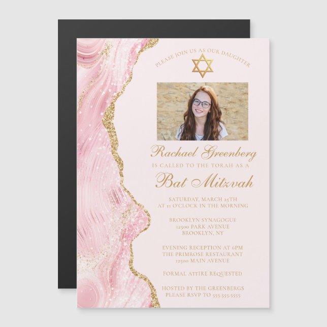 Elegant Rosa Guld Agate Bat mitzvah Photo Party Magnetisk Inbjudningskort (Fram/baksida)