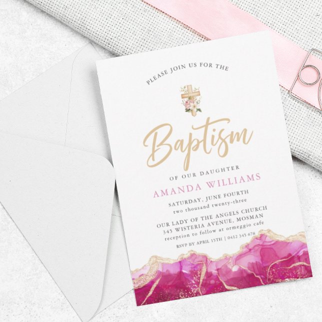 Elegant Rosa Guld Agate med Kor | Baptism Inbjudningar (Skapare uppladdad)