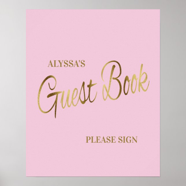 Elegant rosa guld babykalas gästbok poster (Framsidan)