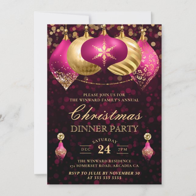 Elegant rosa & guld baubles juldagsfest inbjudningar (Framsida)