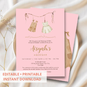 Elegant Rosa & Guld Bebis Flickas Aqiqah Inbjudan
