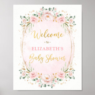 Elegant Rosa Guld Blommig Baby Shower Välkomstskyl Poster