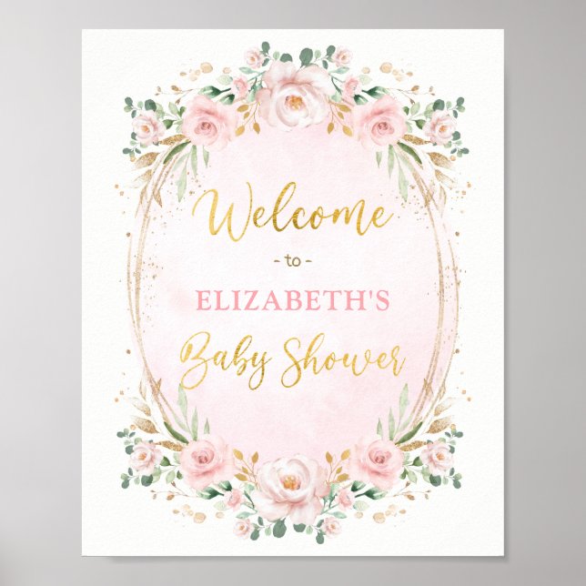 Elegant Rosa Guld Blommig Baby Shower Välkomstskyl Poster (Framsidan)