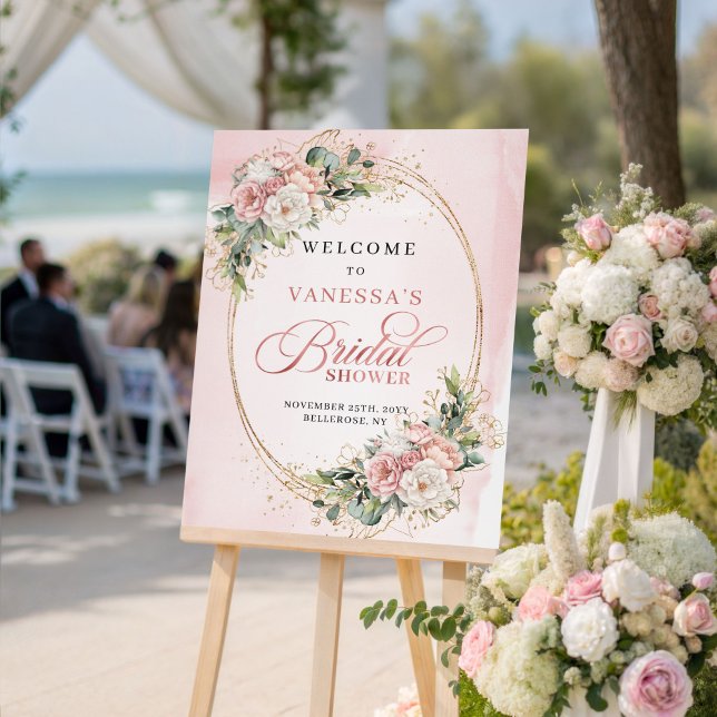 Elegant Rosa Guld Blommig Bröllopsfest Välkommen  Poster (Elegant Blush Pink Floral Eucalyptus Gold Welcome Sign)