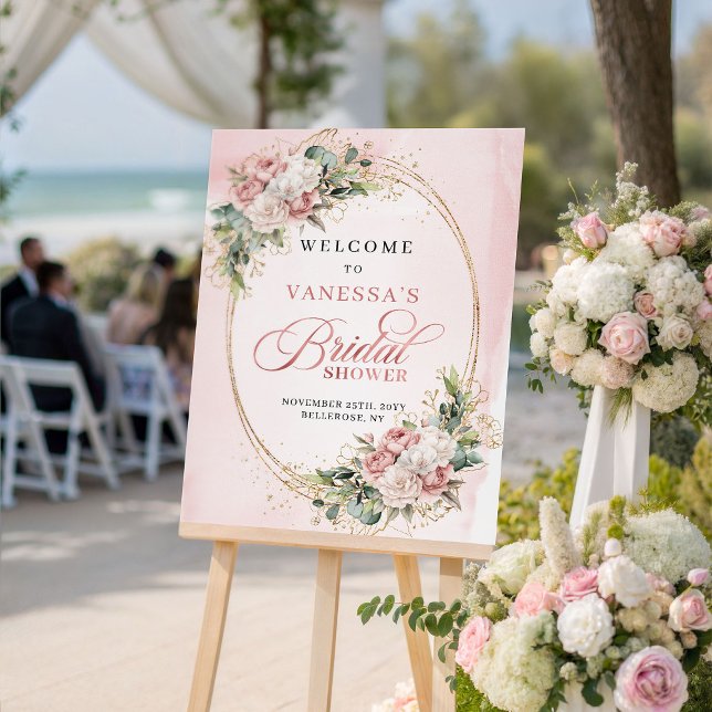 Elegant Rosa Guld Blommig Bröllopsfest Välkomst  Poster (Romantic Rose Gold Flowers Greenery Bridal Shower Sign)
