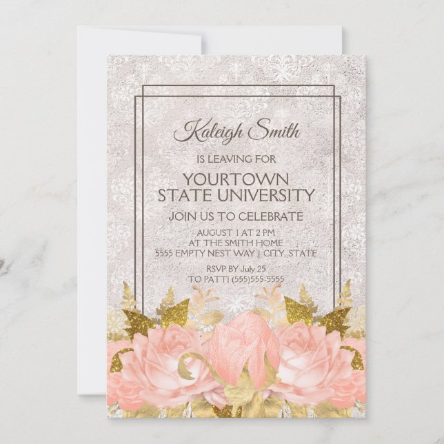 Elegant Rosa Guld Blommig Elfenbensdamask Koffert  Inbjudningar (Framsida)