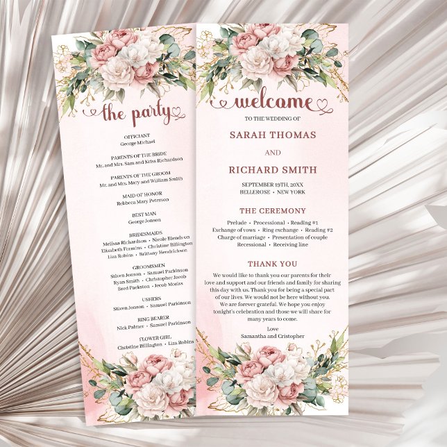 Elegant Rosa Guld Blommig Eucalyptus Bröllopscerem Program (Elegant Rose Gold Floral Eucalyptus Wedding Ceremony Program

)