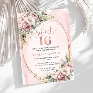 Elegant Rosa Guld Blommig Eucalyptus Sweet 16 Inbj Inbjudningar