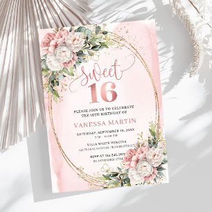 Elegant Rosa Guld Blommig Grönska Sweet Sixteen Inbjudningar