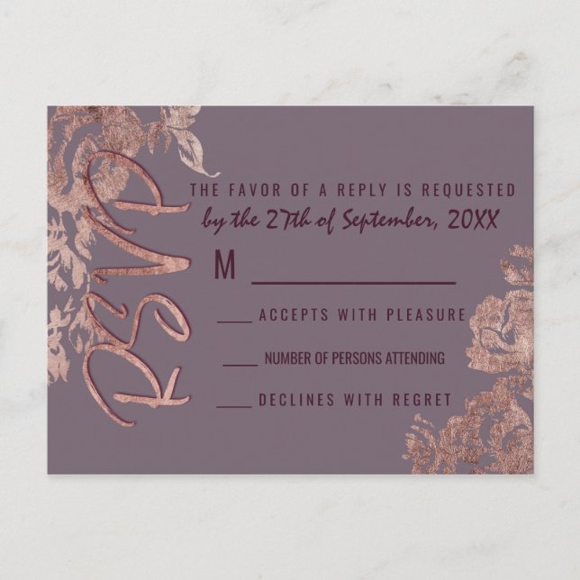 Elegant Rosa Guld Blommig Lila Mauve RSVP Inbjudan Vykort (Framsida)