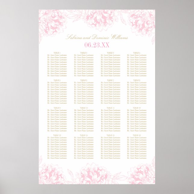 Elegant Rosa Guld Blommig Peony Bröllopsplacering Poster (Framsidan)