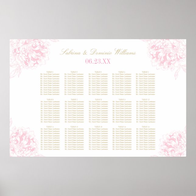 Elegant Rosa Guld Blommig Peony Bröllopsplatsering Poster (Framsidan)