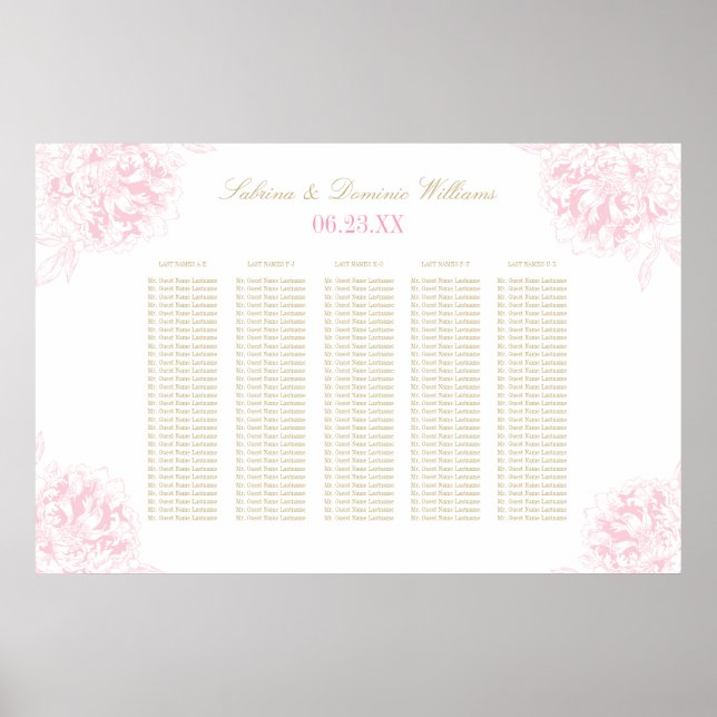 Elegant Rosa Guld Blommig Peony Bröllopsplatskarta Poster (Framsidan)