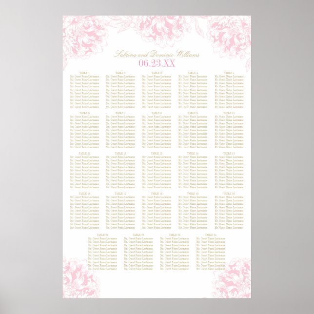 Elegant Rosa Guld Blommig Peony Bröllopsplatskarta Poster (Framsidan)