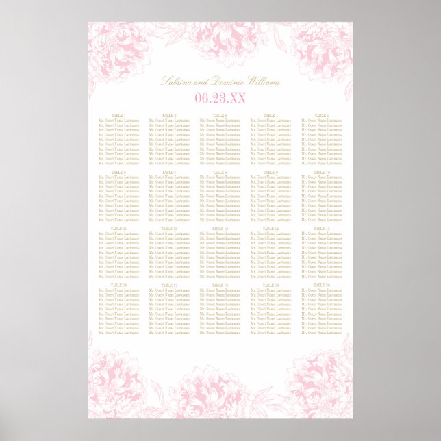 Elegant rosa guld blommig Peony bröllopsplatskarta Poster (Framsidan)