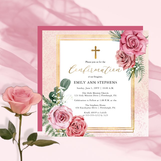 Elegant Rosa | Guld Blommig Ram Flicka Konfirmatio Inbjudningar (Elegant Pink and Gold Tone Floral Frame Girl Confirmation Square Invitation)