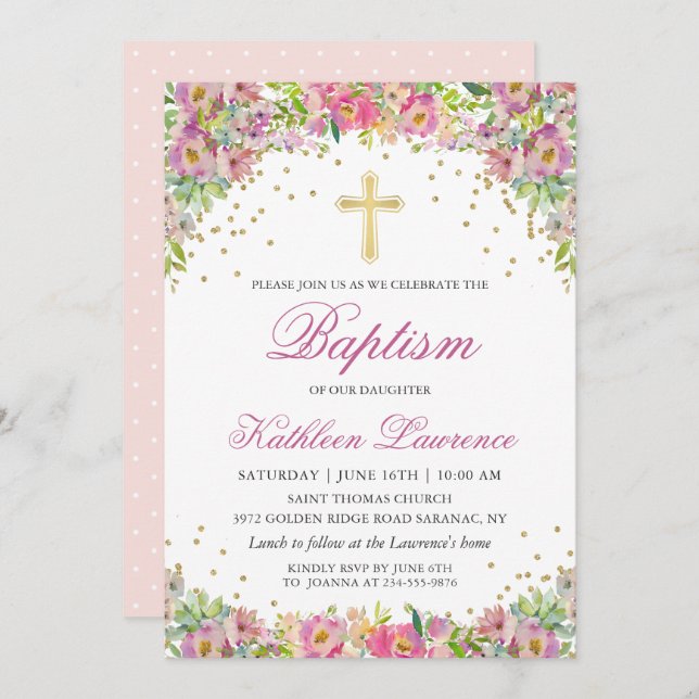 Elegant Rosa Guld Blommigt  Flickor Baptism-inbjud Inbjudningar (Fram/baksida)