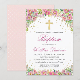 Elegant Rosa Guld Blommigt Flickor Baptism-inbjud Inbjudningar