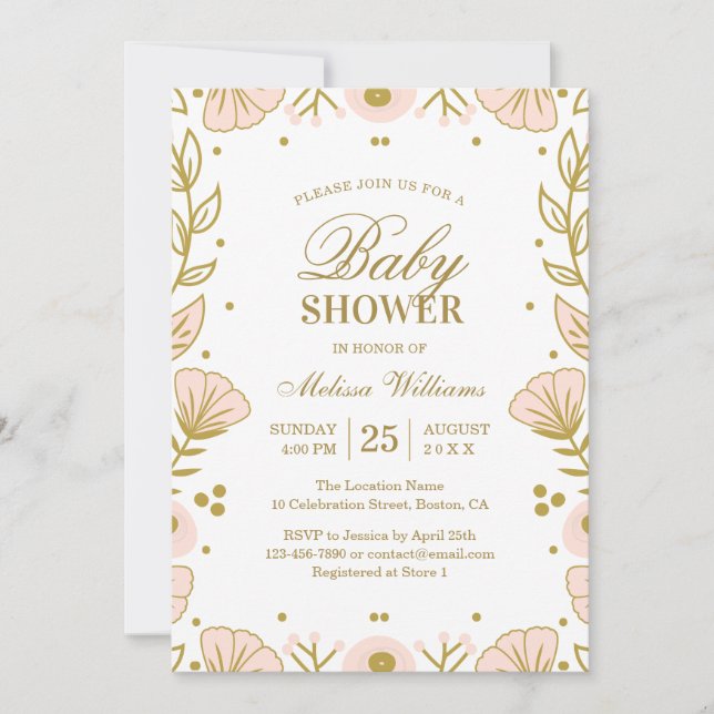 Elegant Rosa Guld Blommigt  Girl Baby Shower Inbjudningar (Framsida)